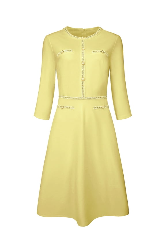 A-Line Contrast Color Tweed Trim Dress M Yellow