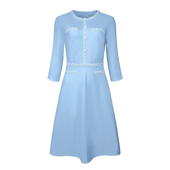 DARING DIVA A-Line Contrast Color Tweed Trim Dress S Blue