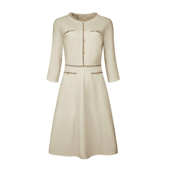 DARING DIVA A-Line Contrast Color Tweed Trim Dress S Grey Beige