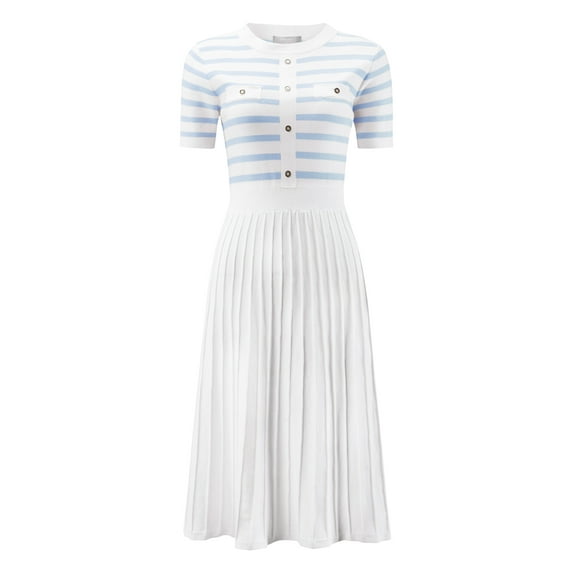 DARING DIVA A-Line Knit Striped Pleated Ribbed Sweater Dress 2XL Light Blue