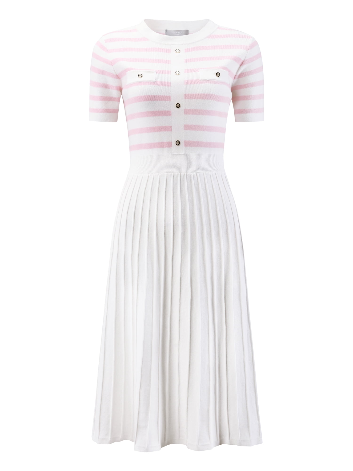 DARING DIVA A-Line Knit Striped Pleated Ribbed Sweater Dress L Light Pink