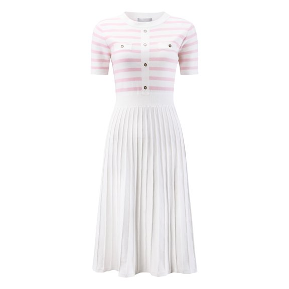 DARING DIVA A-Line Knit Striped Pleated Ribbed Sweater Dress S Light Pink