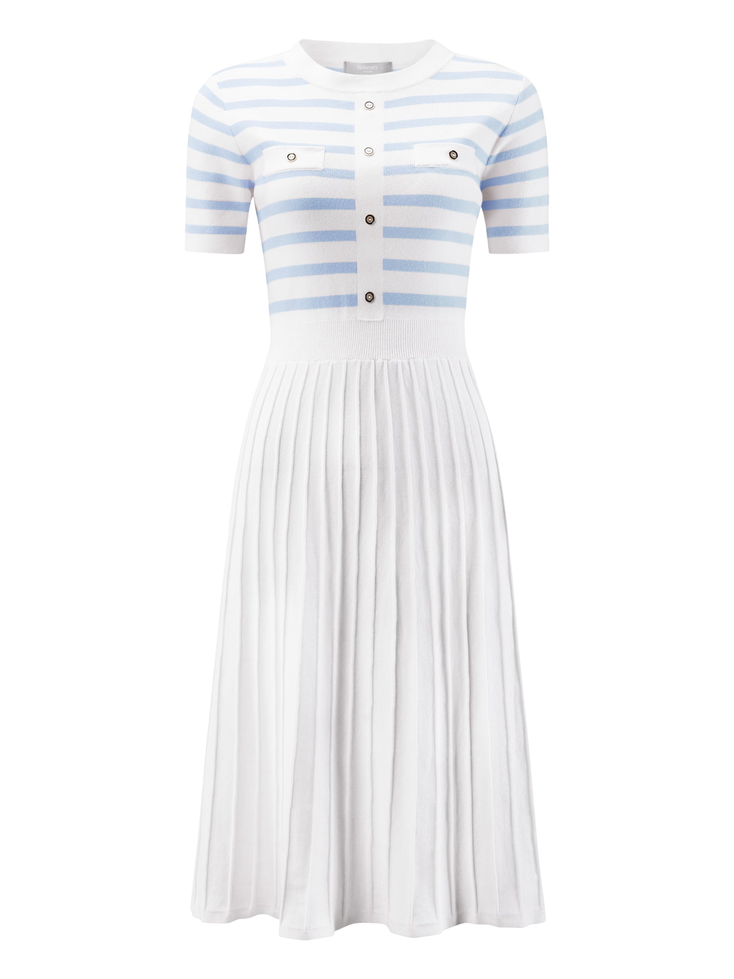 DARING DIVA A-Line Knit Striped Pleated Ribbed Sweater Dress XL Light Blue