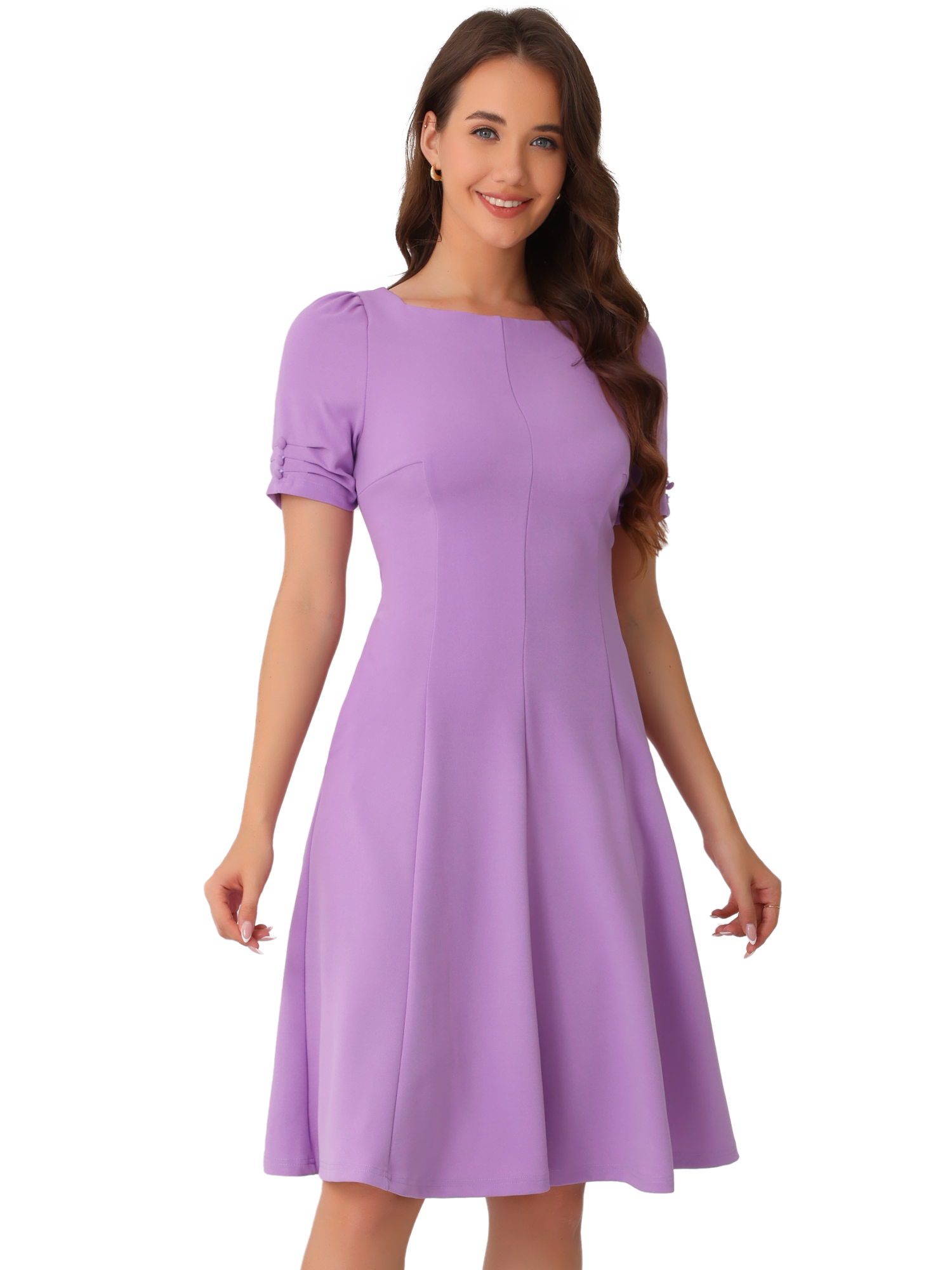 DARING DIVA A-Line Square Neck Ruched Short Sleeve Work Dress S Lavender