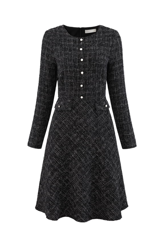 A-Line Tweed Vintage Work Flare Dress M Black