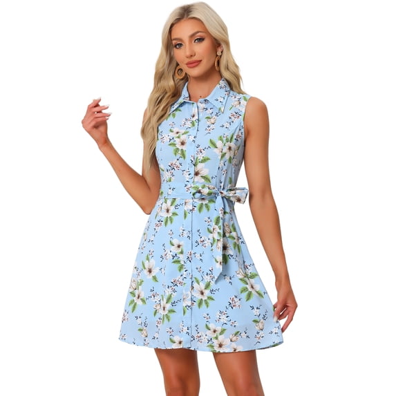 DARING DIVA Above Knee Button Down Floral Print Dress L Blue