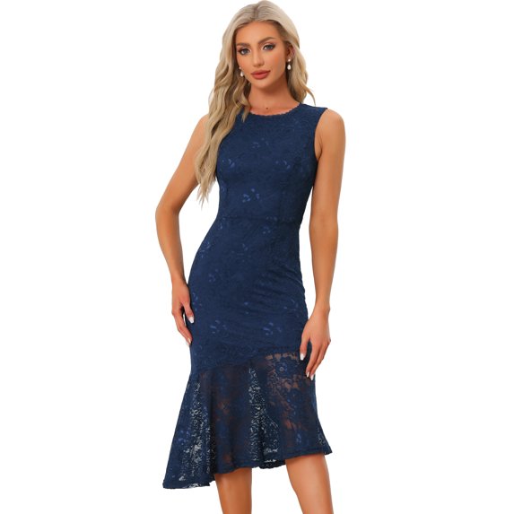 DARING DIVA Asymmetric Hem Fishtail Ruffles Lace Dress XS Dark Blue