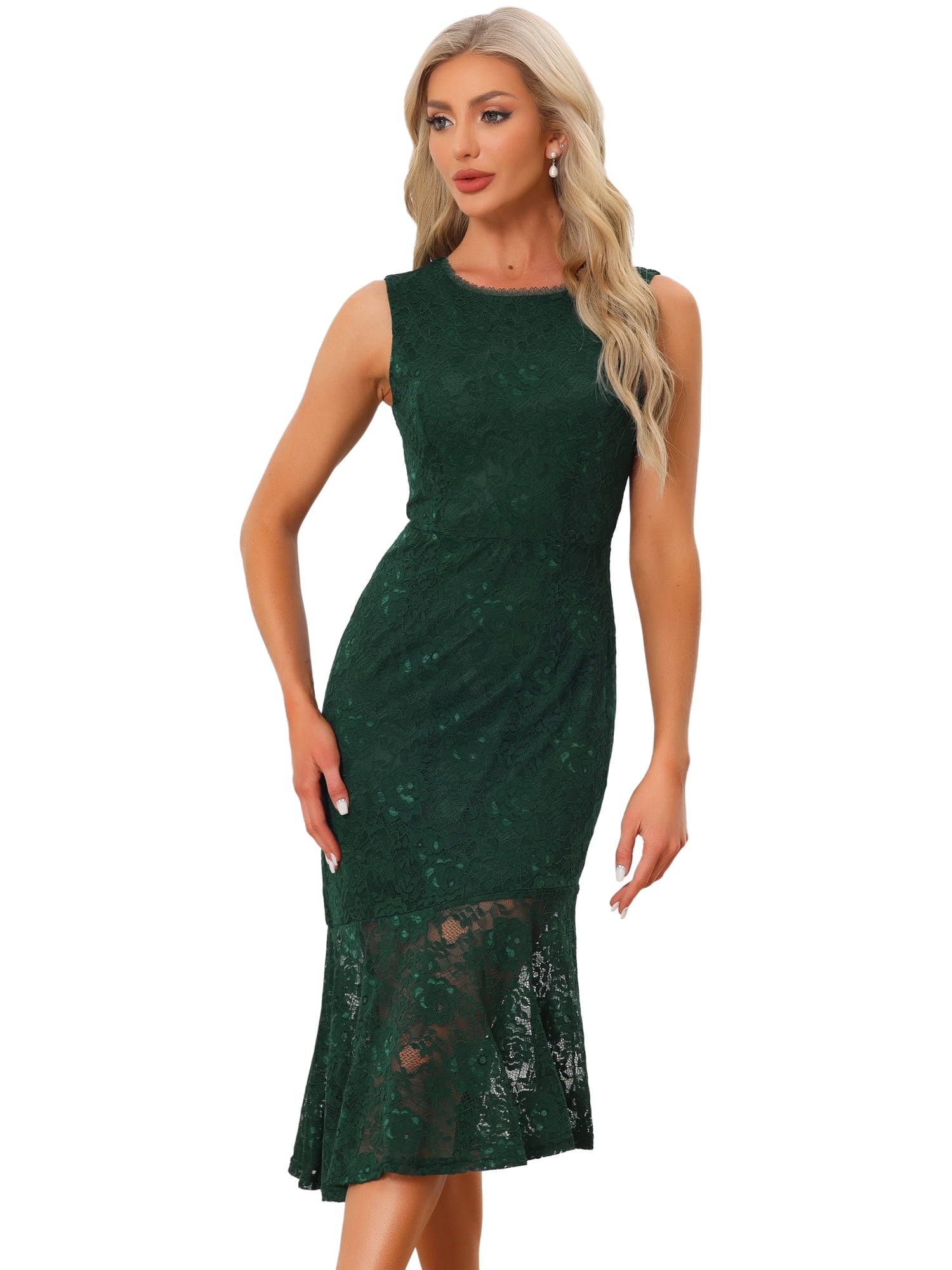 Daring Diva Asymmetric Hem Fishtail Ruffles Lace Dress XS Dark Green