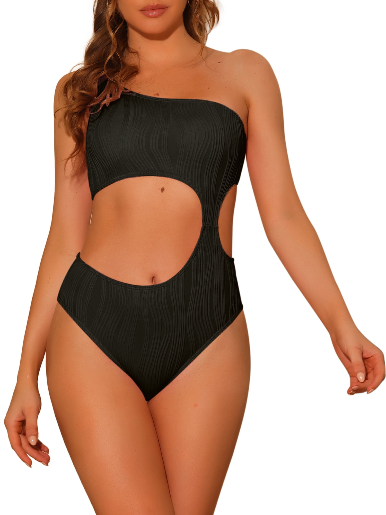 DARING DIVA Asymmetric Waist Cutout Ribbed Bathing Suit M Black