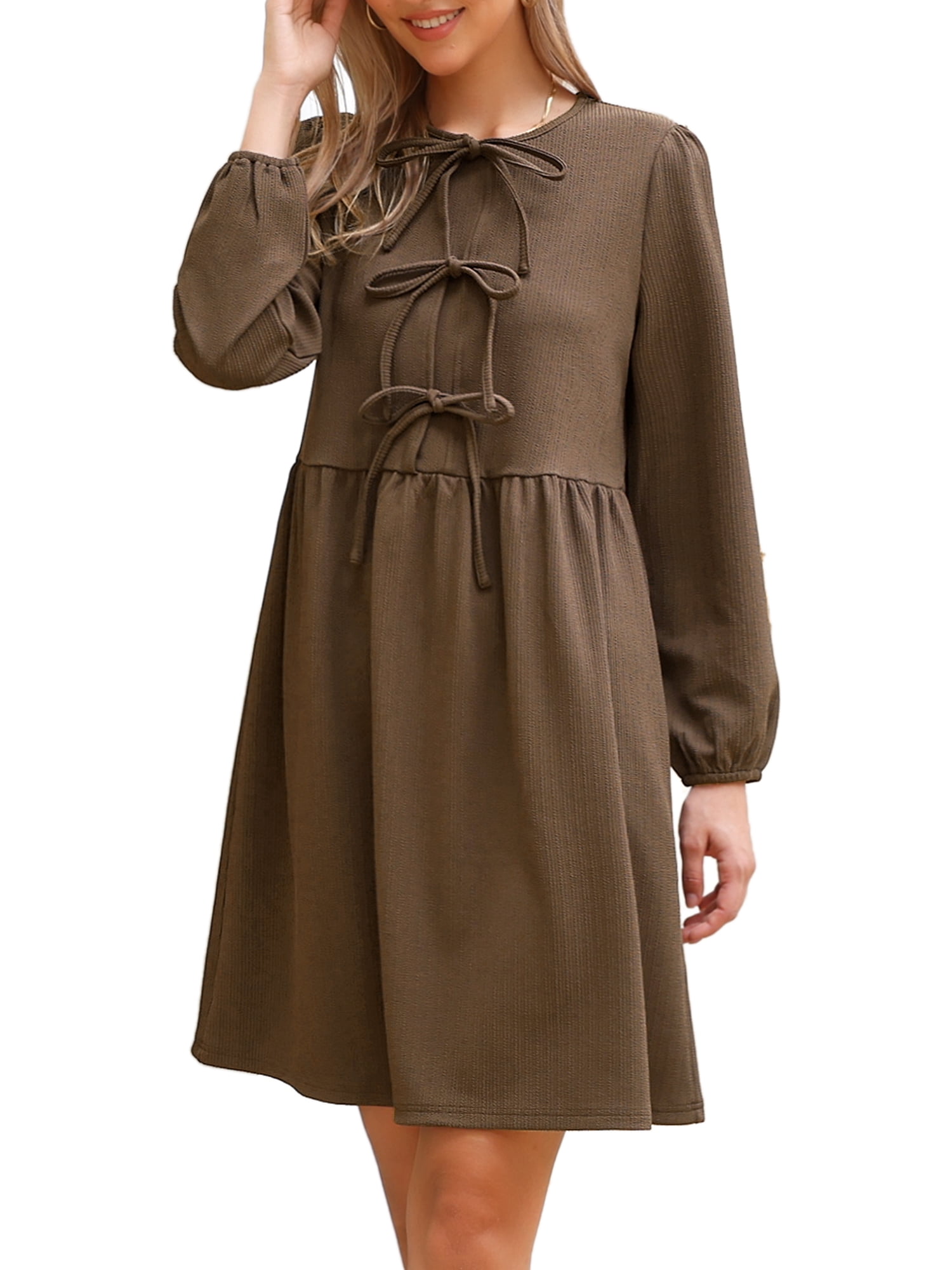 DARING DIVA Women's Fall Long Sleeve Bow Tie Front Cute Tunic Dress M Brown