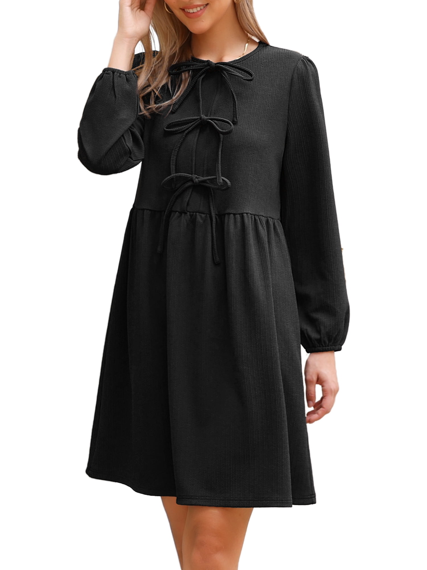 DARING DIVA Women's Fall Long Sleeve Bow Tie Front Cute Tunic Dress XS Black