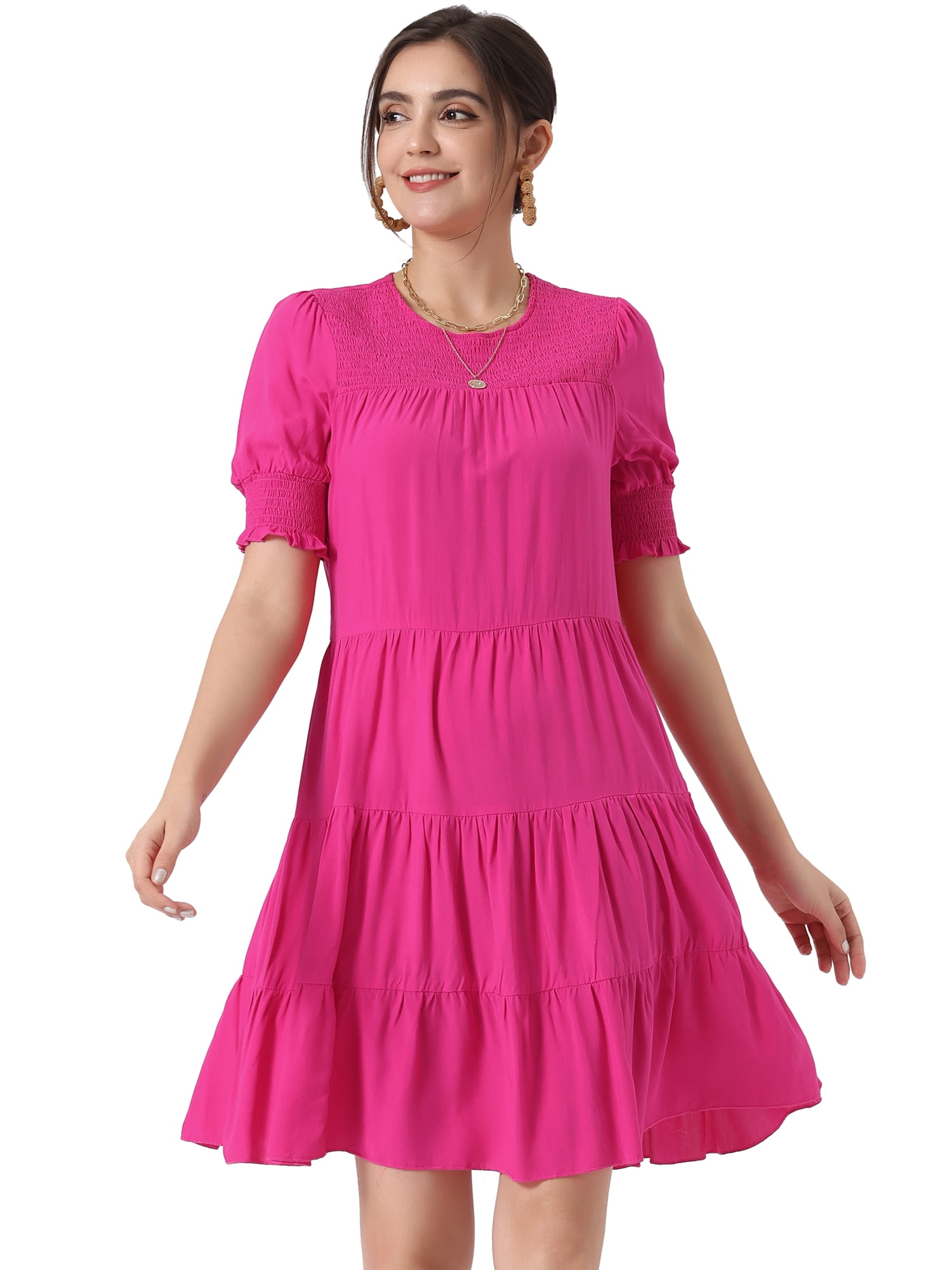 DARING DIVA Babydoll Swing Dress Tiered Tunic Dress XS Hot Pink
