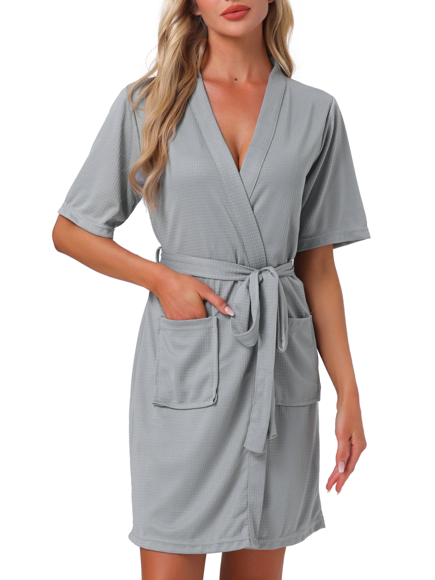 DARING DIVA Bathrobe Waffle Terry Shawl Collar Tie Short Sleeve L Grey