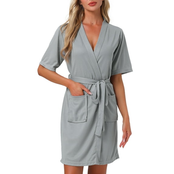 DARING DIVA Bathrobe Waffle Terry Shawl Collar Tie Short Sleeve L Grey