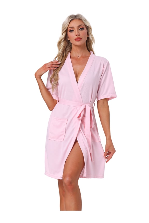 Bathrobe Waffle Terry Shawl Collar Tie Short Sleeve L Pink