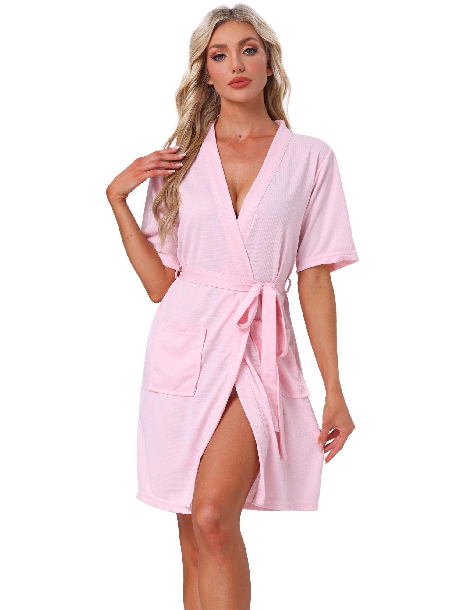 DARING DIVA Bathrobe Waffle Terry Shawl Collar Tie Short Sleeve M Pink