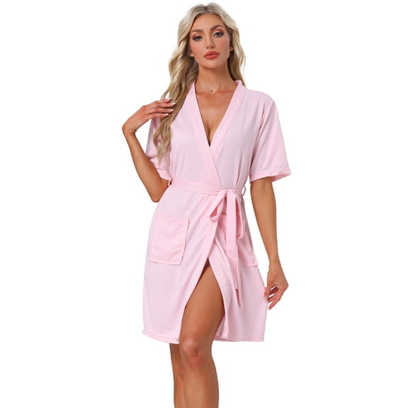 DARING DIVA Bathrobe Waffle Terry Shawl Collar Tie Short Sleeve M Pink
