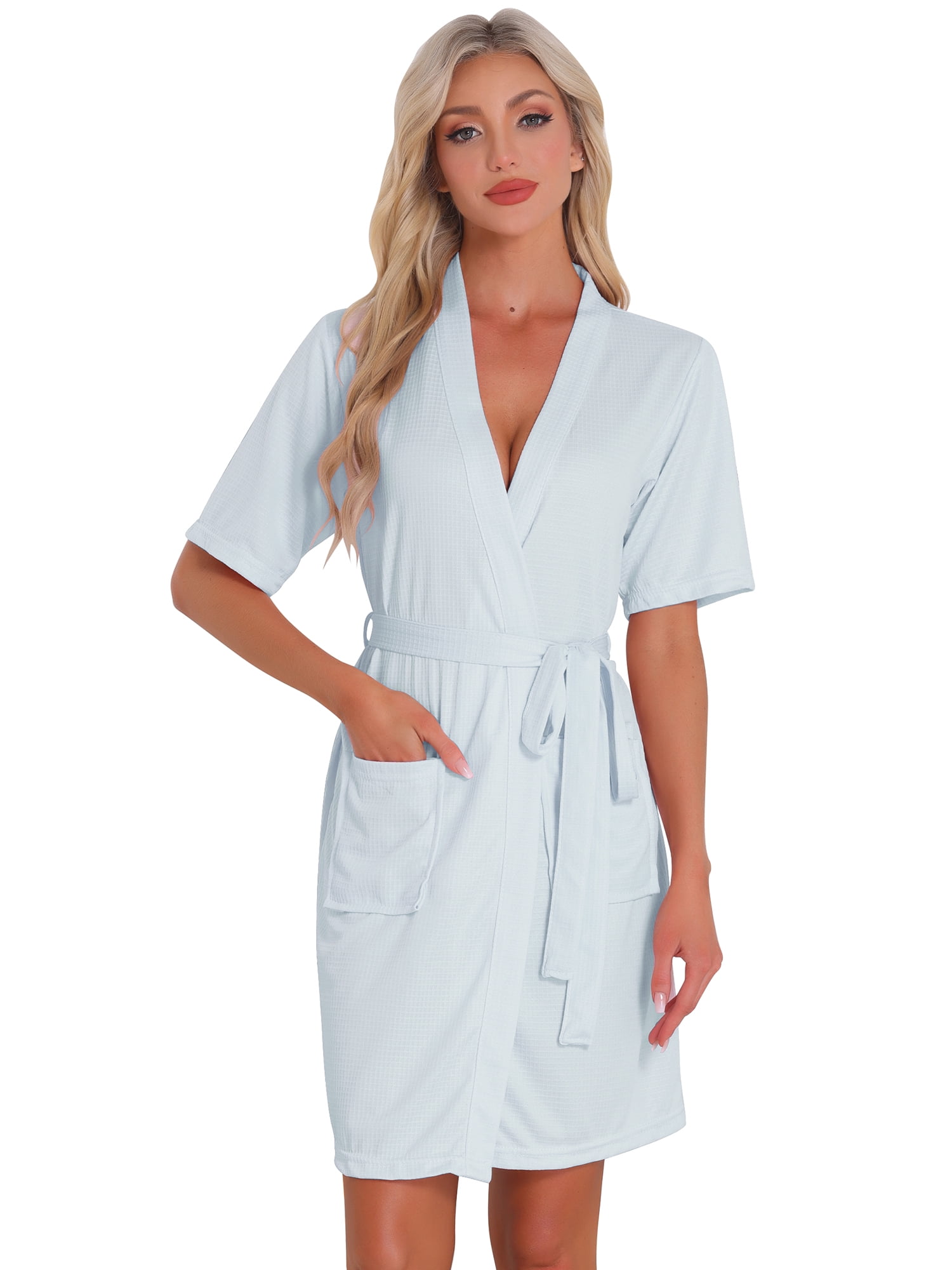 DARING DIVA Bathrobe Waffle Terry Shawl Collar Tie Short Sleeve XL Blue