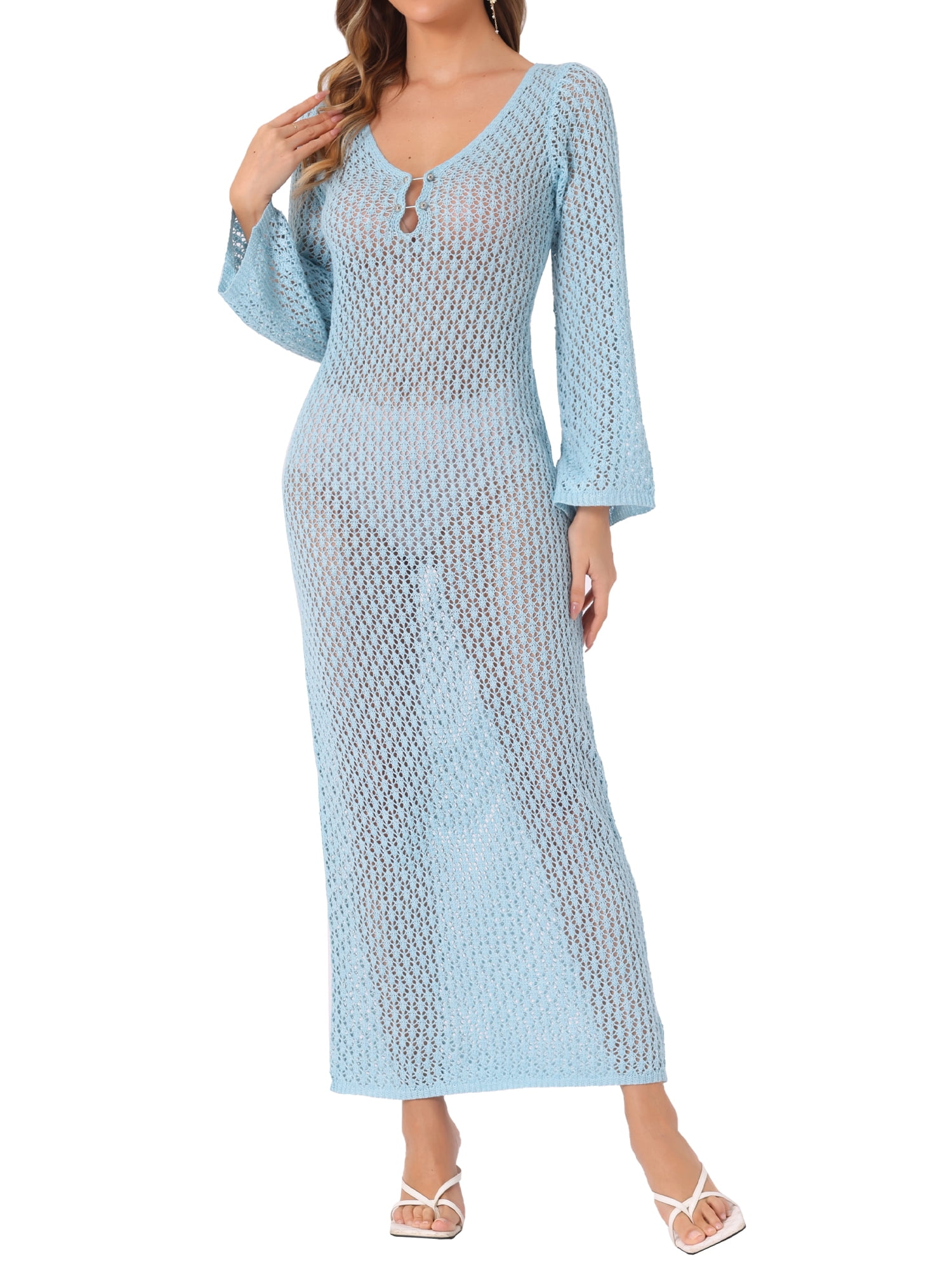 DARING DIVA Beach Cover Ups Long Sleeve Swim Bathing Dress M Blue