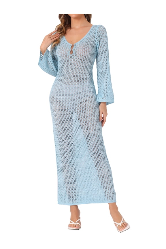 Beach Cover Ups Long Sleeve Swim Bathing Dress S Blue