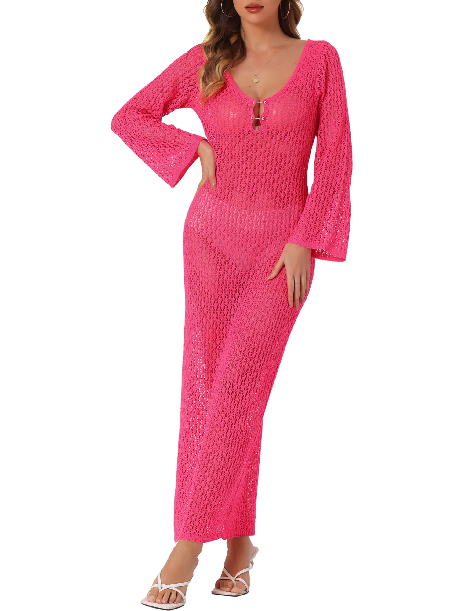 DARING DIVA Beach Cover Ups Long Sleeve Swim Bathing Dress S Hot Pink