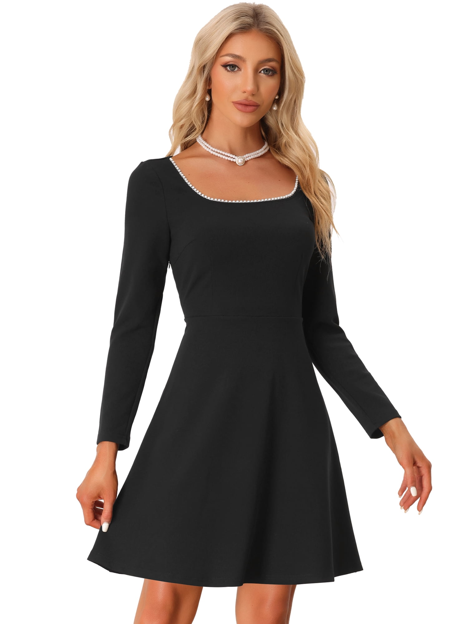DARING DIVA Beaded Long Sleeve High Waist Flared Dress L Black