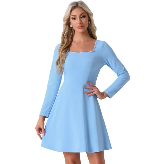 DARING DIVA Beaded Long Sleeve High Waist Flared Dress M Sky Blue