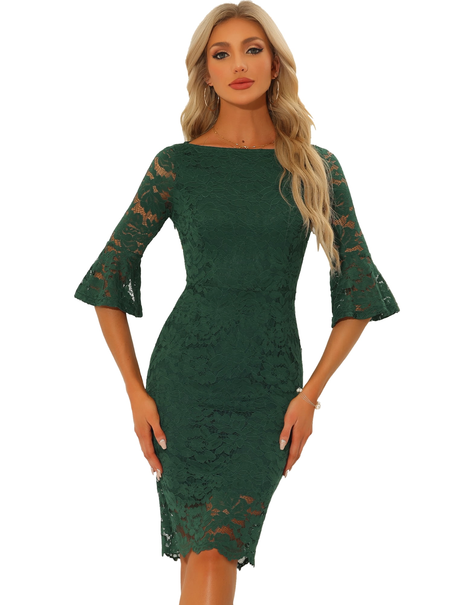 DARING DIVA Bell Sleeve Cocktail Lace Sheath Blouse XS Dark Green