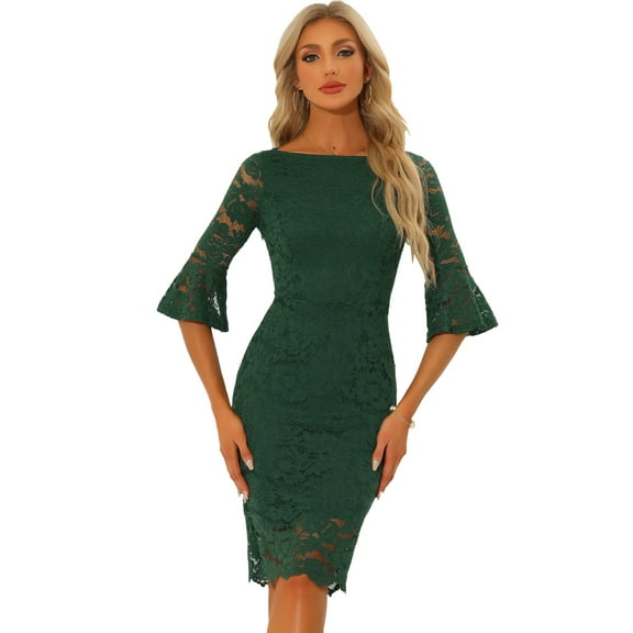 DARING DIVA Bell Sleeve Cocktail Lace Sheath Blouse XS Dark Green