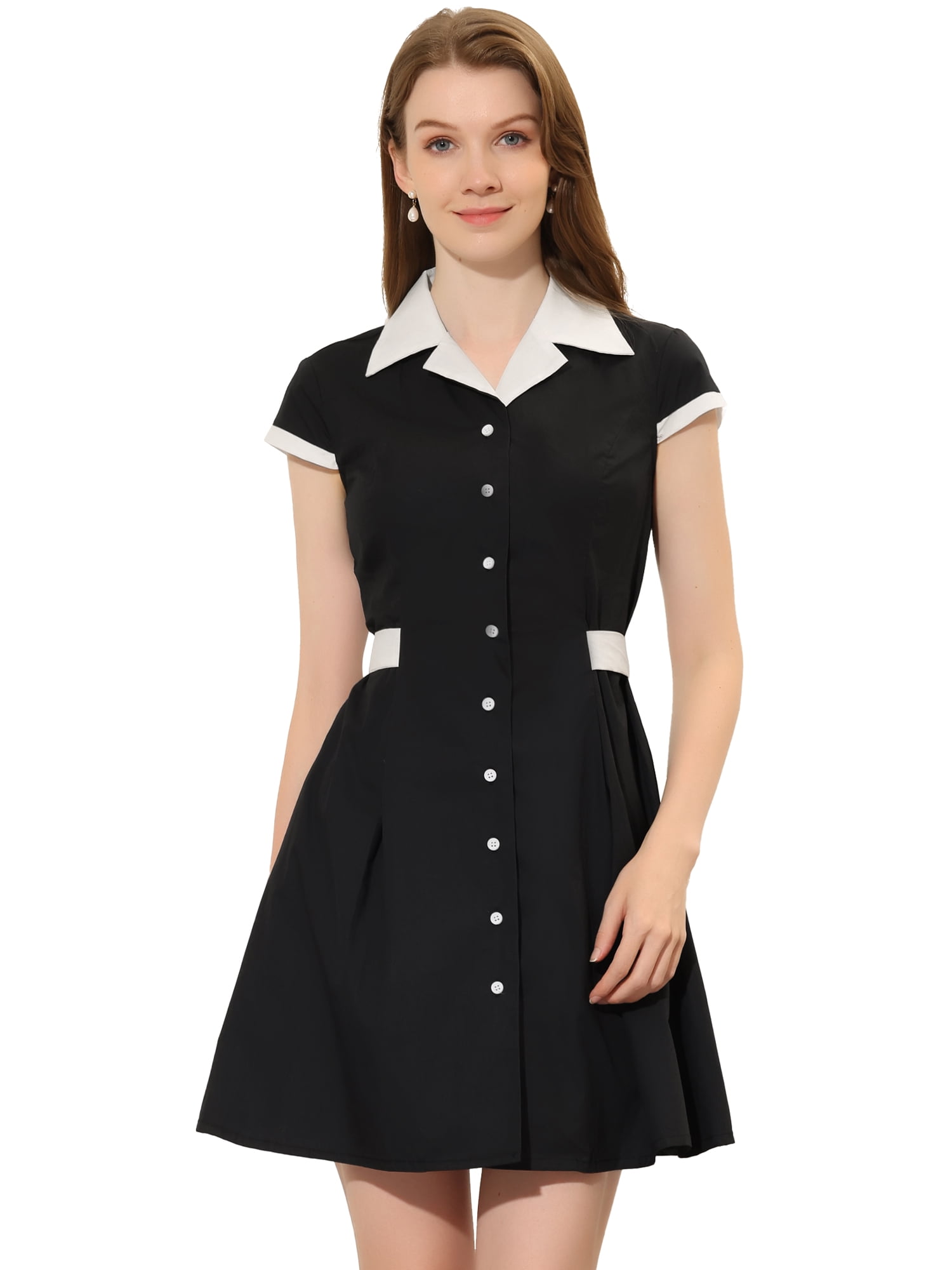 DARING DIVA Belted Contrast Camp Collar A-Line Shirt Dress S Black