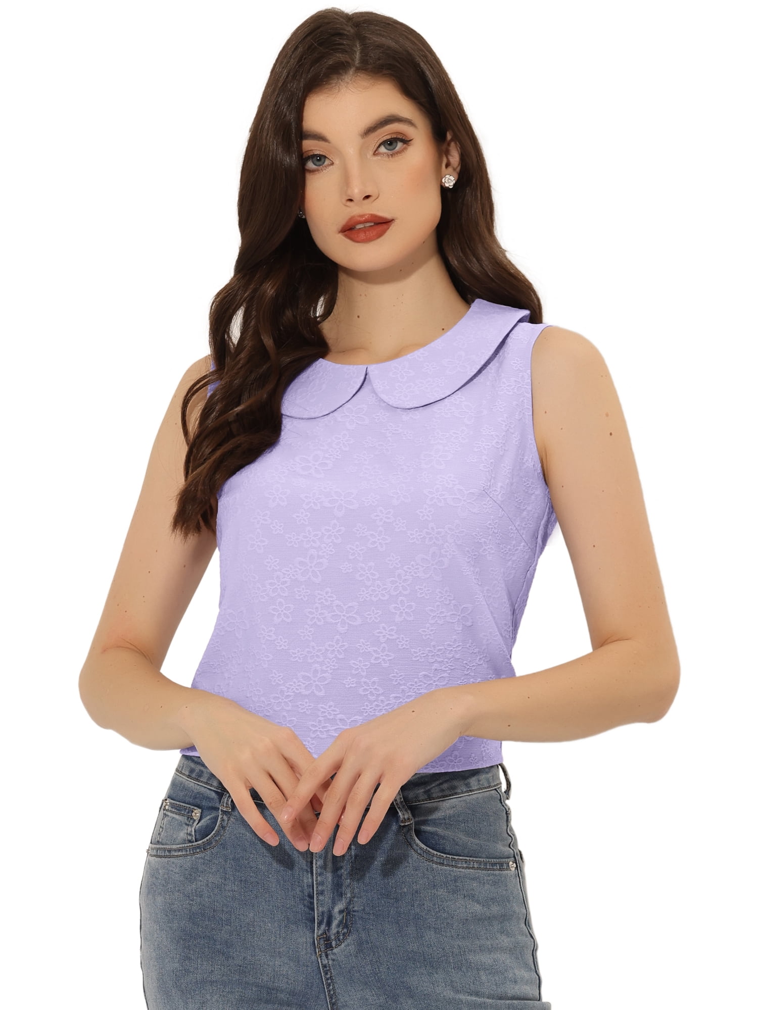 DARING DIVA Blouse Sleeveless Jacquard Floral Tank Top S Light Purple