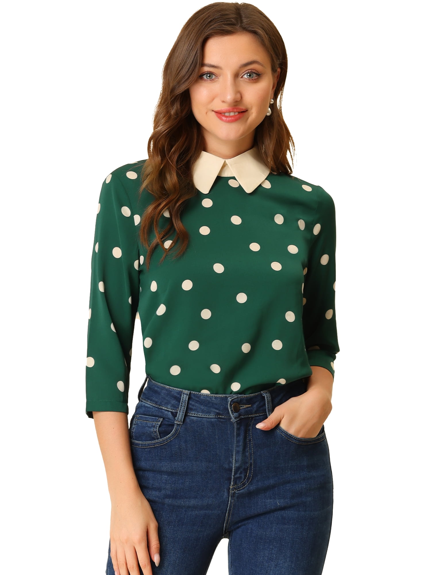DARING DIVA Blouses 3/4 Sleeves Solid Office Work Tops M Dark Green