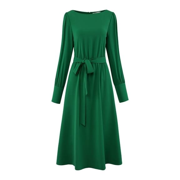 DARING DIVA Boat Neck A-Line Long Sleeve Tie Waist Flare Midi Dress M Green