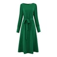 thumbnail image 1 of DARING DIVA Boat Neck A-Line Long Sleeve Tie Waist Flare Midi Dress S Green, 1 of 6