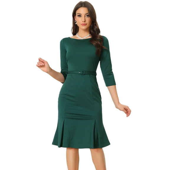 DARING DIVA Boat Neck Half Sleeve Pleated Business Elegant Dresses XS Dark Green