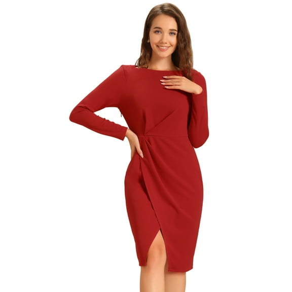 DARING DIVA Boat Neck Ruched Split Sheath Dress M Red