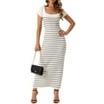 thumbnail image 1 of DARING DIVA Bodycon Ribbed Knit Striped Square Neck Slim Fit Dress S White, 1 of 7