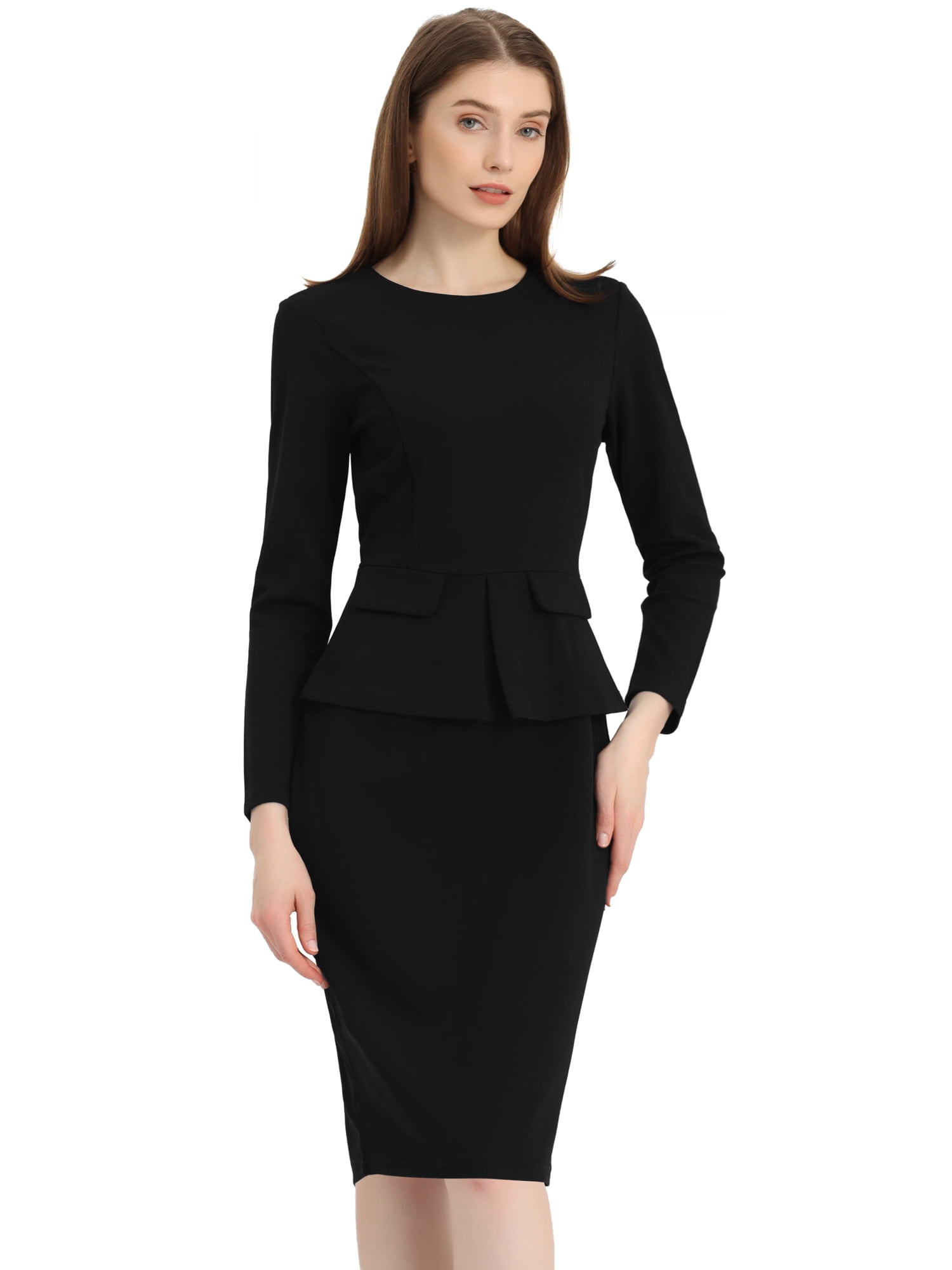 DARING DIVA Bodycon Round Neck 3/4 Sleeve Peplum Wear Sheath Dress L Black