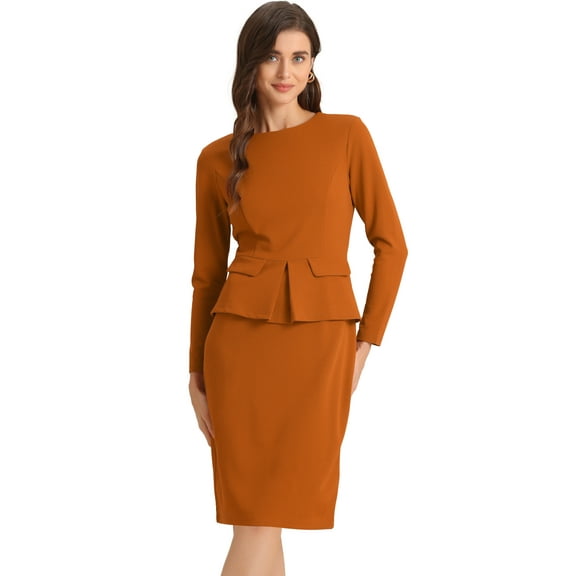 DARING DIVA Bodycon Round Neck 3/4 Sleeve Peplum Wear Sheath Dress L Caramel
