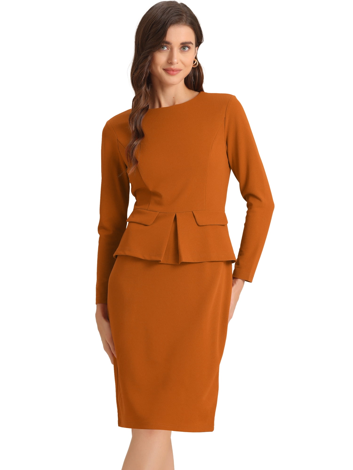 DARING DIVA Bodycon Round Neck 3/4 Sleeve Peplum Wear Sheath Dress M Caramel