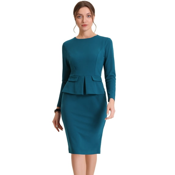 DARING DIVA Bodycon Round Neck 3/4 Sleeve Peplum Wear Sheath Dress XS Lake Blue