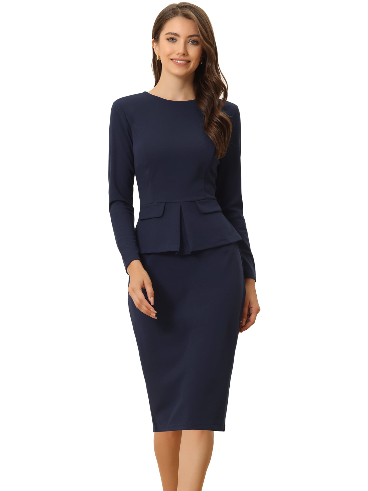 DARING DIVA Bodycon Round Neck 3/4 Sleeve Peplum Wear Sheath Dress XS Navy Blue