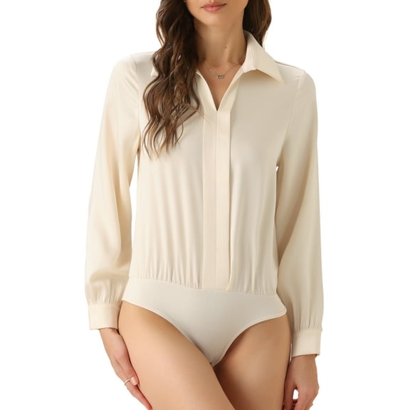 DARING DIVA Bodysuit V Neck Long Sleeve Work Shirt M Champagne