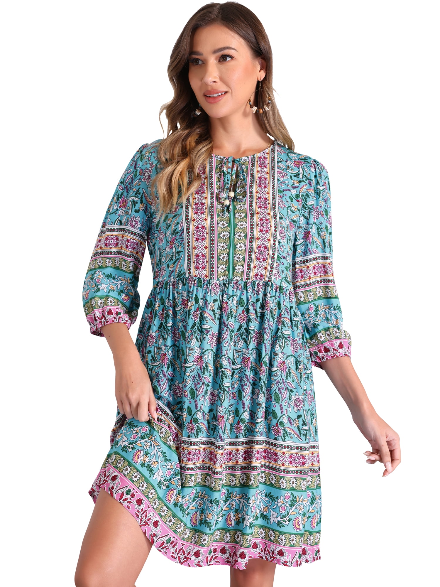 DARING DIVA Boho Floral 3/4 Sleeve Flowy Babydoll Short Dress L Blue