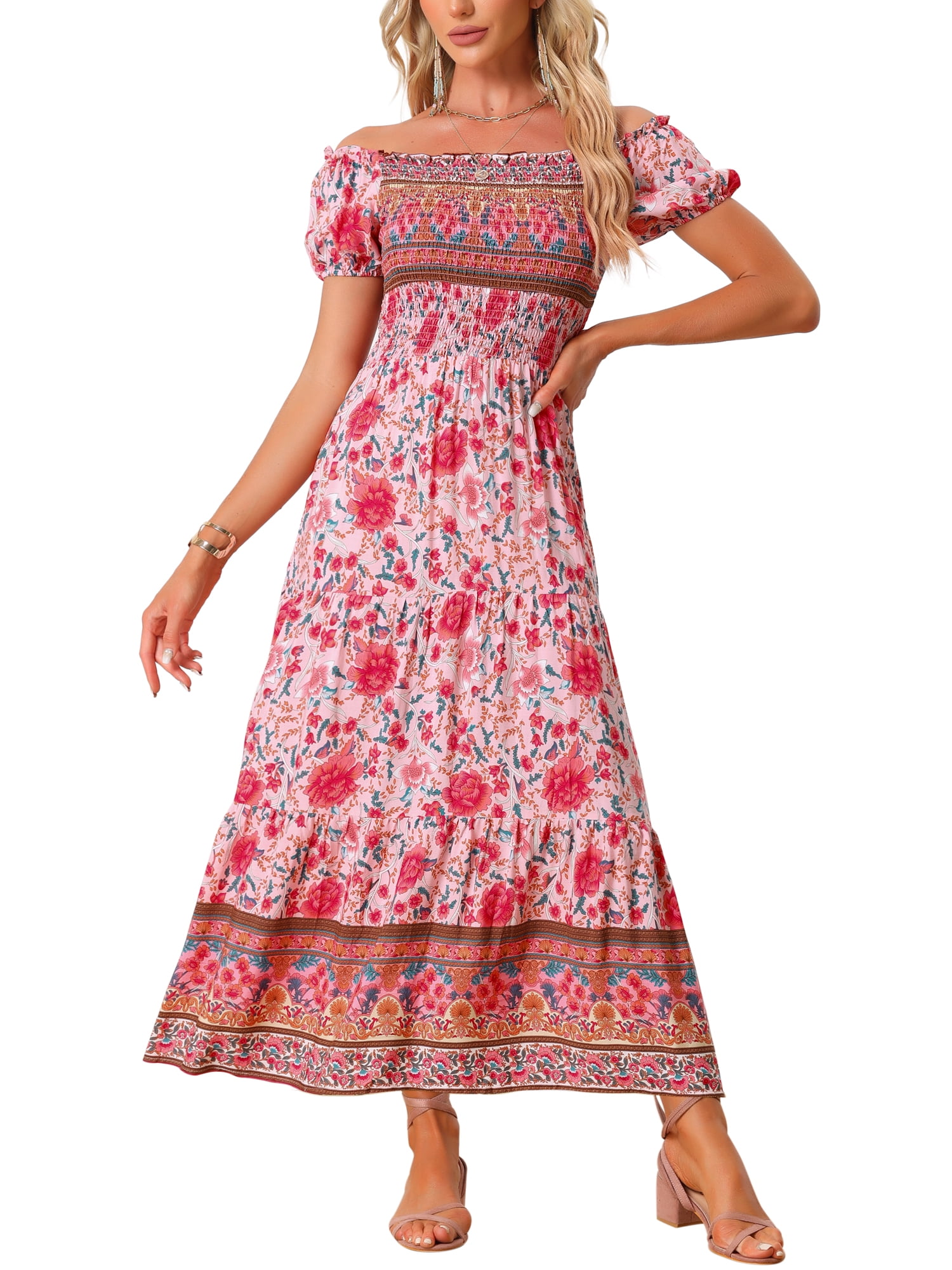 DARING DIVA Boho Floral Dress Midi Smocked Dress L Pink