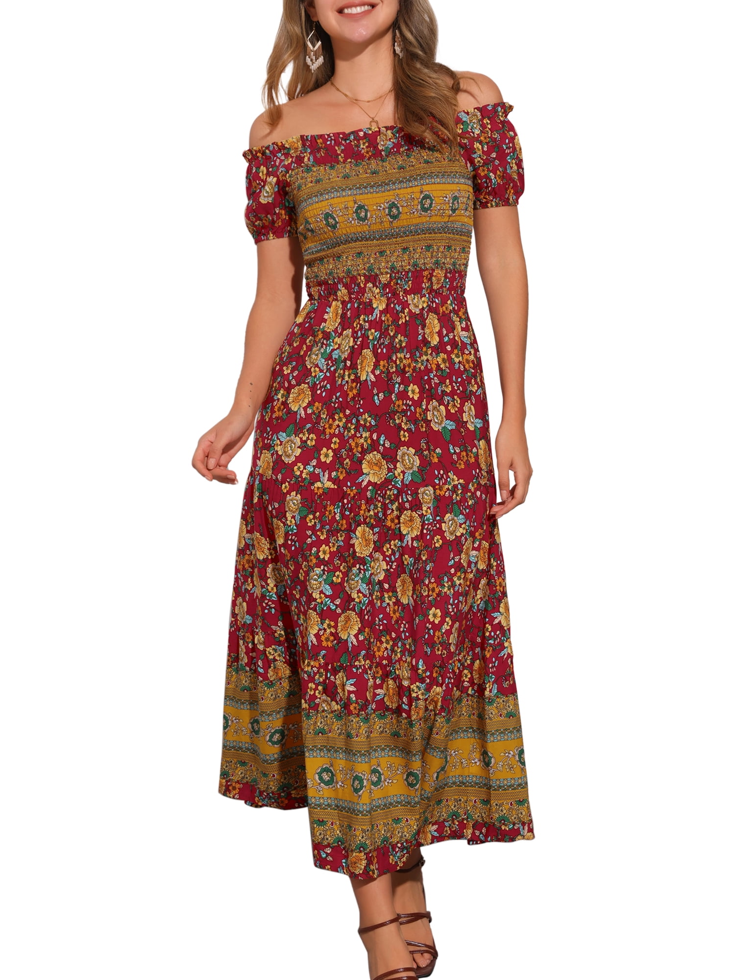 DARING DIVA Boho Floral Dress Midi Smocked Dress L Red
