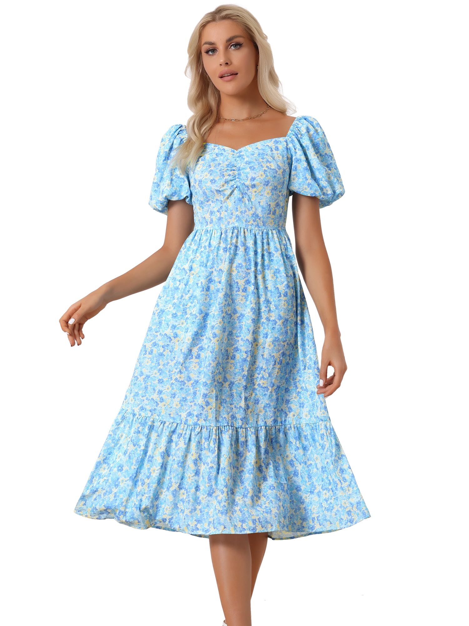 DARING DIVA  Boho Floral Print Midi Puff A-Line Dress XL Blue