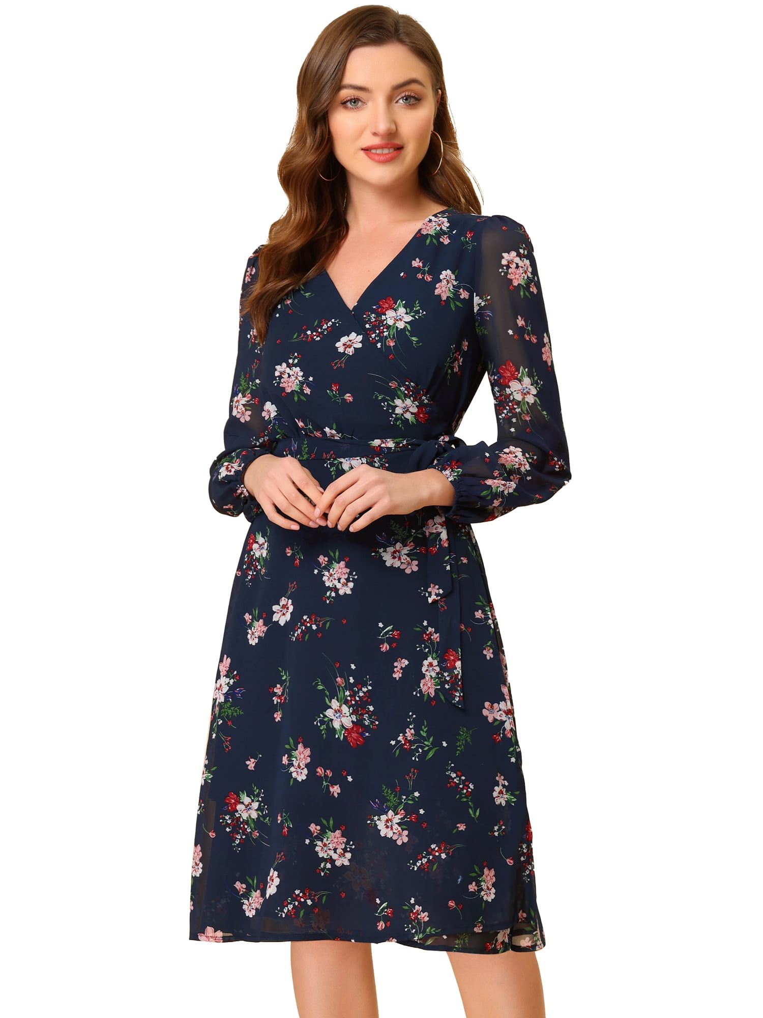 DARING DIVA Boho Floral V Neck Bishop Sleeve Below The Keen Wrap Dress XL Dark Blue