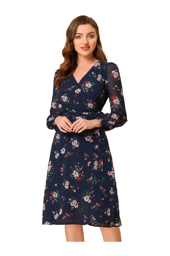 Boho Floral V Neck Bishop Sleeve Below The Keen Wrap Dress XL Dark Blue
