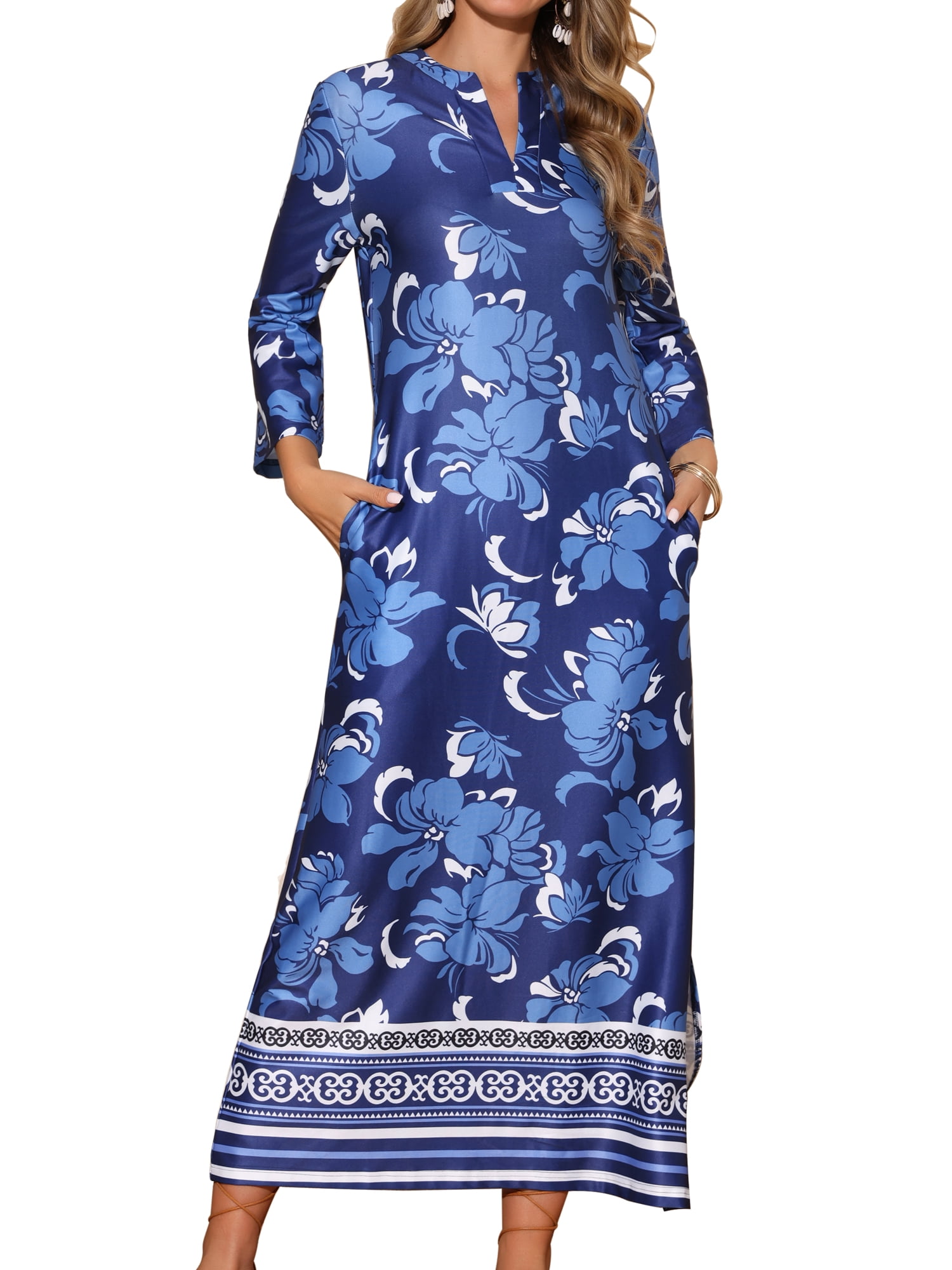 DARING DIVA Boho Long V Neck 3/4 Sleeve Side Slit Floral Maxi Dress L Dark Blue
